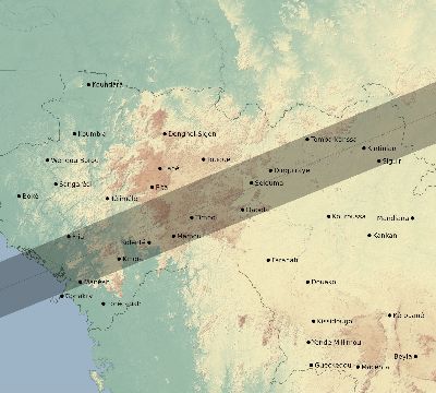 Map of the eclipse path across Guinea on 07/16/2577