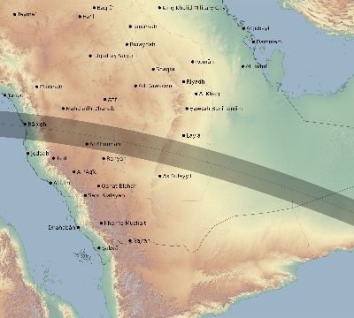 Map of the eclipse path across Saudi Arabia on 07/16/2577