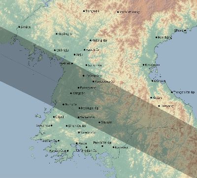 Map of the eclipse path across North Korea on 11/08/2580