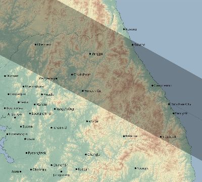 Map of the eclipse path across South Korea on 11/08/2580