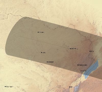 Map of the eclipse path across DR Congo on 10/28/2581