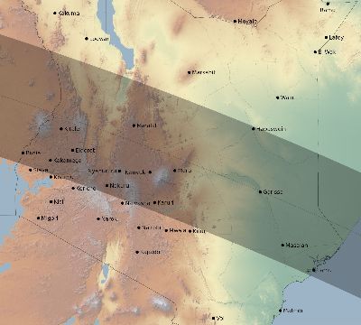 Map of the eclipse path across Kenya on 10/28/2581
