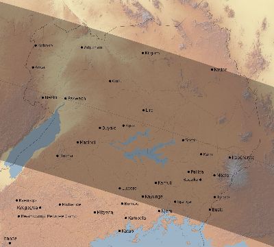 Map of the eclipse path across Uganda on 10/28/2581