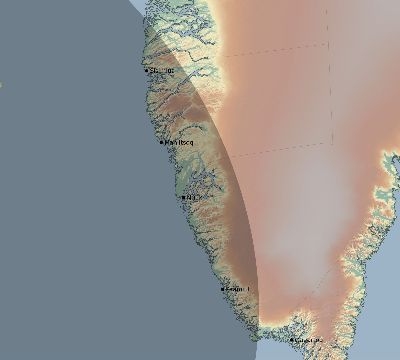 Map of the eclipse path across Greenland on 04/23/2582
