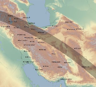 Map of the eclipse path across Iran on 08/26/2584