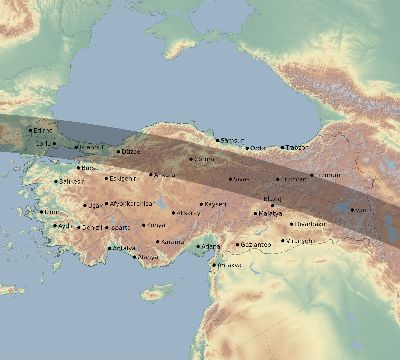 Map of the eclipse path across Turkey on 08/26/2584