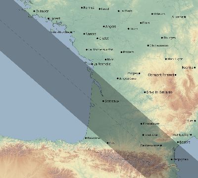 Map of the eclipse path across France on 06/27/2587