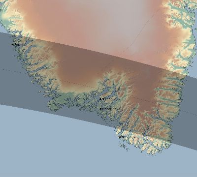 Map of the eclipse path across Greenland on 06/27/2587