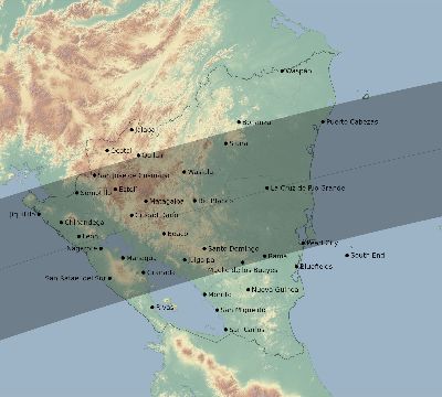 Map of the eclipse path across Nicaragua on 06/15/2588