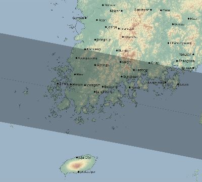Map of the eclipse path across South Korea on 04/14/2591