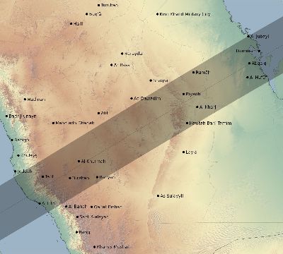 Map of the eclipse path across Saudi Arabia on 04/14/2591