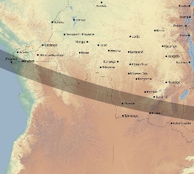 Map of the eclipse path across DR Congo on 09/08/2602