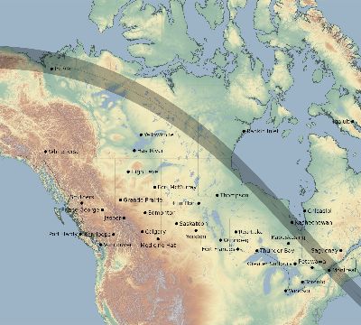 Map of the eclipse path across Canada on 07/08/2605