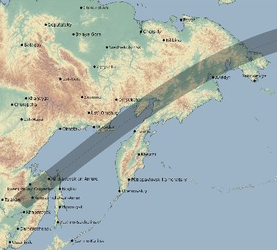 Map of the eclipse path across Russia on 07/08/2605