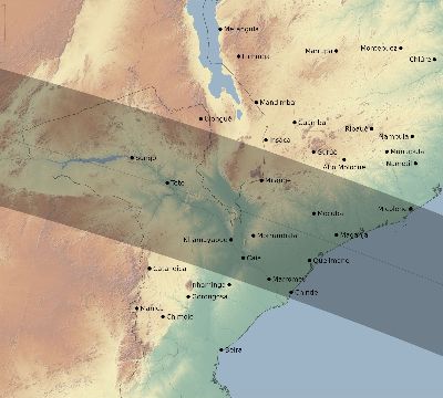 Map of the eclipse path across Mozambique on 10/19/2609