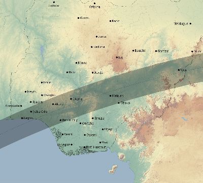 Map of the eclipse path across Nigeria on 03/26/2620