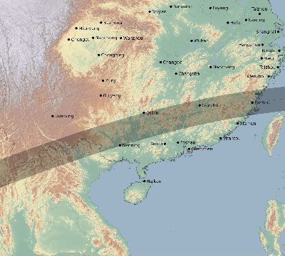 Map of the eclipse path across China on 07/07/2624