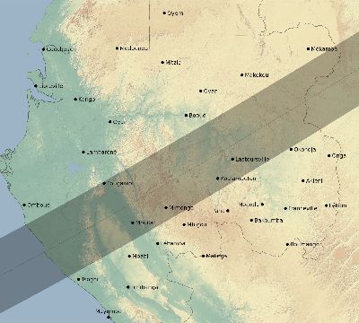 Map of the eclipse path across Gabon on 01/01/2625