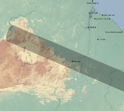 Map of the eclipse path across Guyana on 01/01/2625