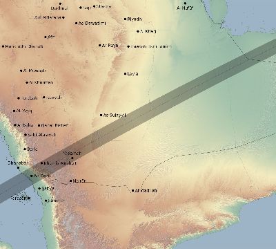Map of the eclipse path across Saudi Arabia on 01/01/2625