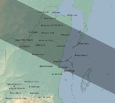 Map of the eclipse path across Belize on 10/19/2628