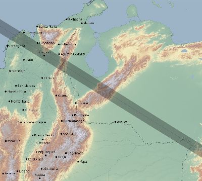 Map of the eclipse path across Colombia on 10/19/2628