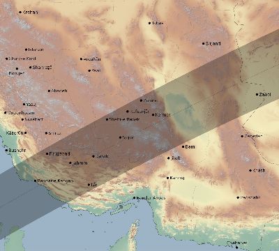 Map of the eclipse path across Iran on 02/23/2631