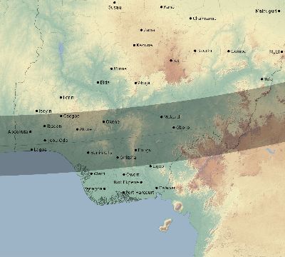 Map of the eclipse path across Nigeria on 02/23/2631
