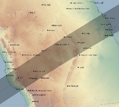 Map of the eclipse path across Saudi Arabia on 02/23/2631