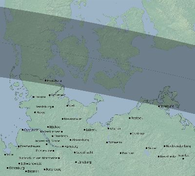 Map of the eclipse path across Germany on 08/08/2632