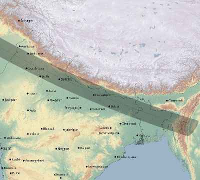 Map of the eclipse path across India on 08/08/2632
