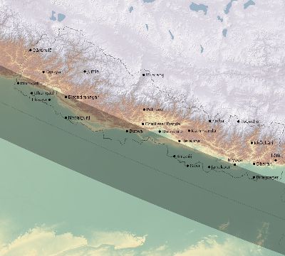 Map of the eclipse path across Nepal on 08/08/2632