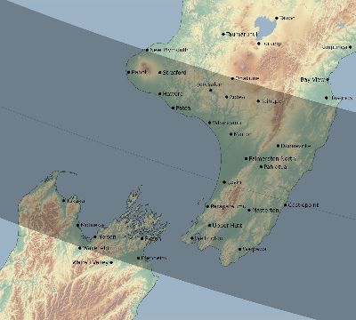 Map of the eclipse path across New Zealand on 12/01/2635