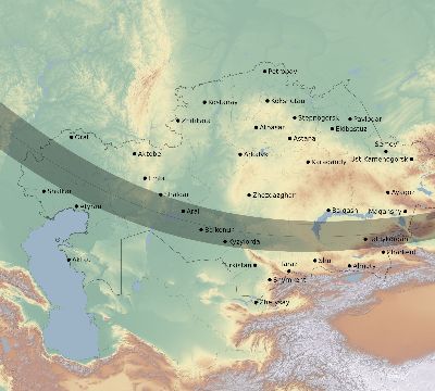 Map of the eclipse path across Kazakhstan on 10/20/2647