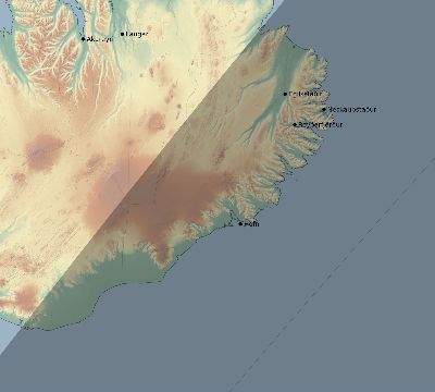 Map of the eclipse path across Iceland on 06/07/2654