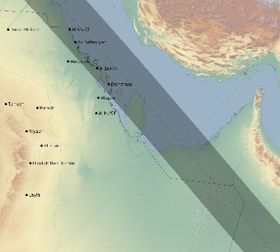 Map of the eclipse path across Saudi Arabia on 10/10/2656