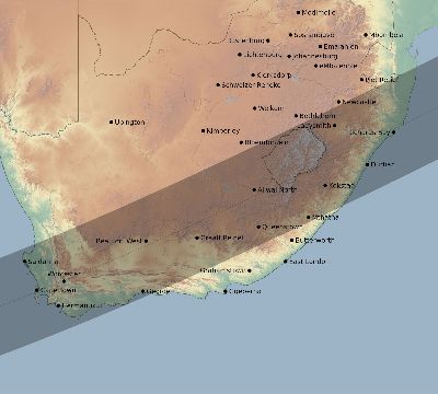 Map of the eclipse path across South Africa on 12/23/2671