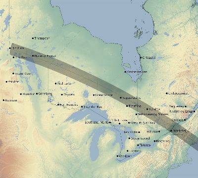 Map of the eclipse path across Canada on 10/21/2674
