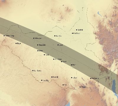 Map of the eclipse path across South Sudan on 10/11/2675