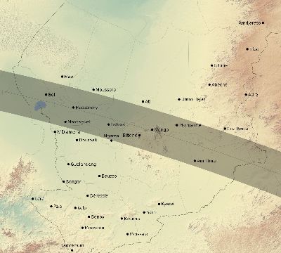 Map of the eclipse path across Chad on 10/11/2675
