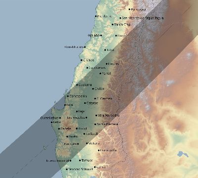 Map of the eclipse path across Chile on 02/13/2678