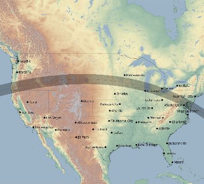 Map of the eclipse path across United States on 08/09/2678