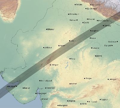 Map of the eclipse path across India on 02/03/2679