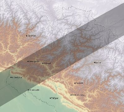 Map of the eclipse path across Nepal on 02/03/2679