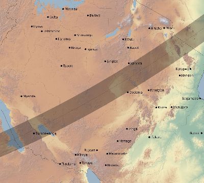 Map of the eclipse path across Tanzania on 02/03/2679