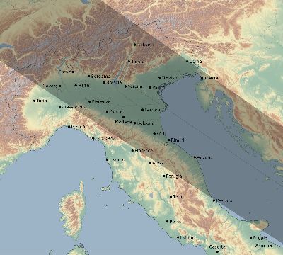 Map of the eclipse path across Italy on 06/08/2681