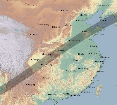 Map of the eclipse path across China on 03/27/2685