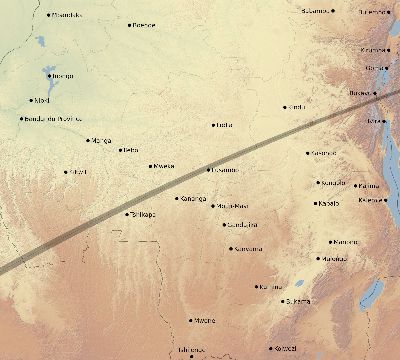 Map of the eclipse path across DR Congo on 03/16/2686