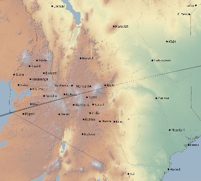 Map of the eclipse path across Kenya on 03/16/2686