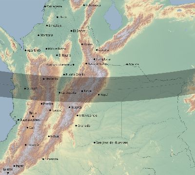 Map of the eclipse path across Colombia on 01/13/2689